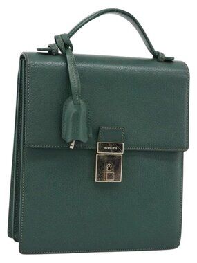GUCCI Hand Bag Leather Green Gold Auth 184457
